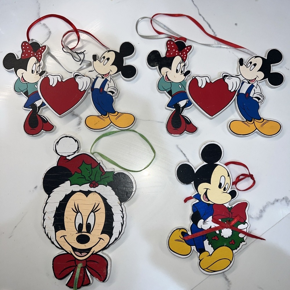 Kurt Adler Disney Mickey Minnie Mouse Wooden Vintage Christmas Ornaments Set 4